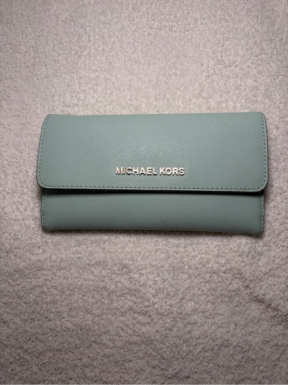 Michael Kors Light Mint Saffiano Leather Continental Wallet with Gold Logo